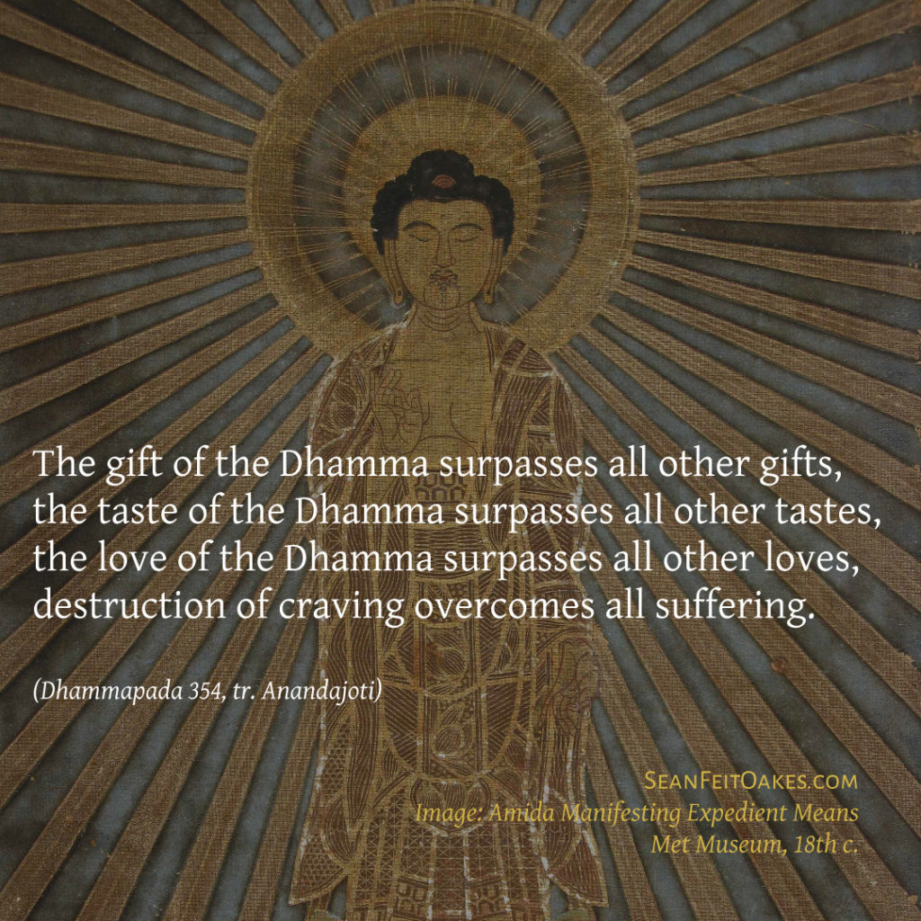 Text about gift of Dhamma over image of Buddha radiating light